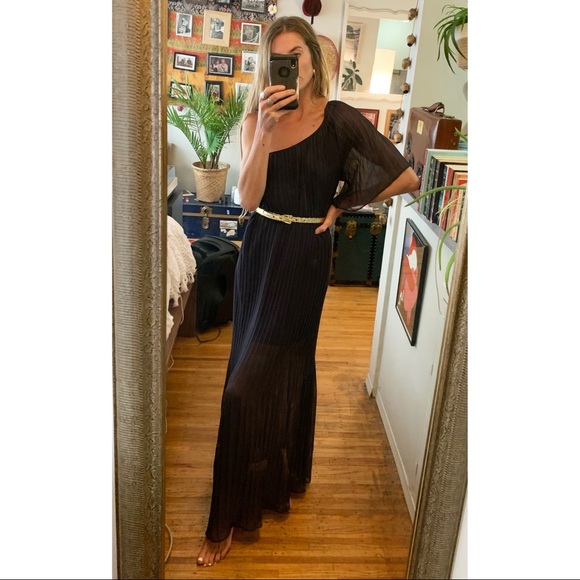 Vintage One Shoulder Pleated Maxi Dress - Picture 2 of 6